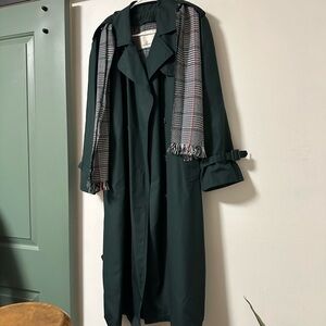 London Fog Deep Green Trench Coat with Plaid Accent